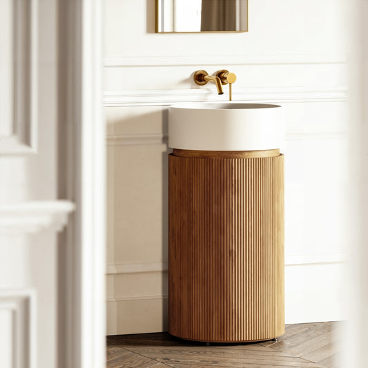 Chic Oak Wood Grain Cylinder Vanity Unit with Stone Basin 450mm
