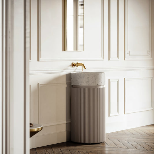 Chic Velvet Beige Wood Grain Cylinder Vanity Unit 450mm