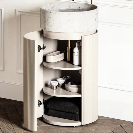 Chic Velvet Beige Wood Grain Cylinder Vanity Unit 450mm