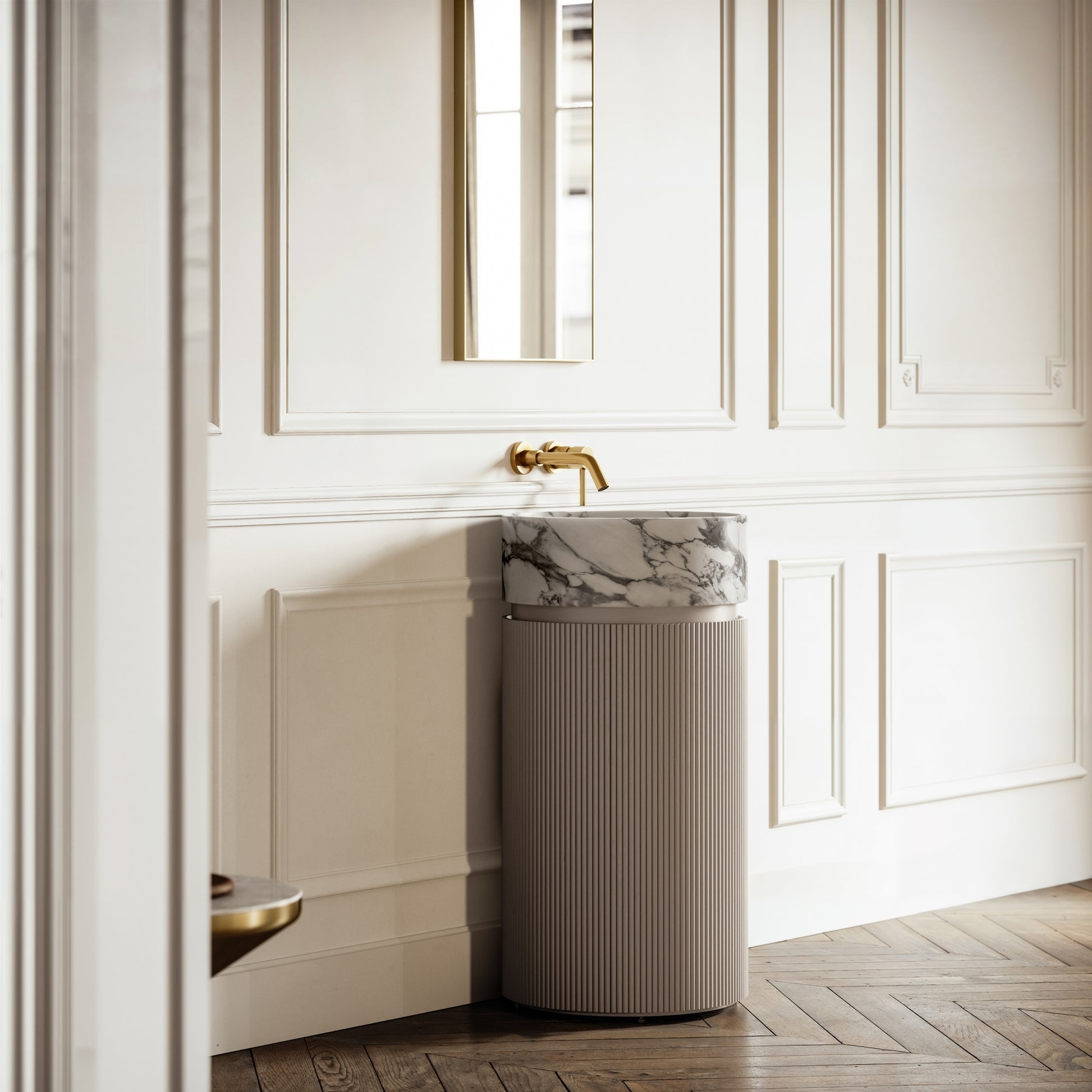 Chic Velvet Beige Wood Grain Cylinder Vanity Unit 450mm