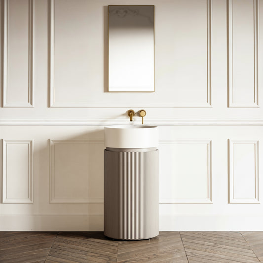 Chic Velvet Beige Wood Grain Cylinder Vanity Unit with Stone Basin 450mm