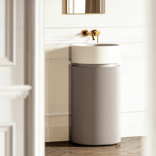 Chic Velvet Beige Wood Grain Cylinder Vanity Unit with Stone Basin 450mm