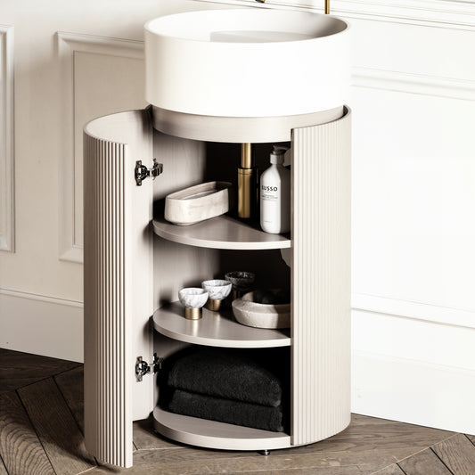 Chic Velvet Beige Wood Grain Cylinder Vanity Unit with Stone Basin 450mm