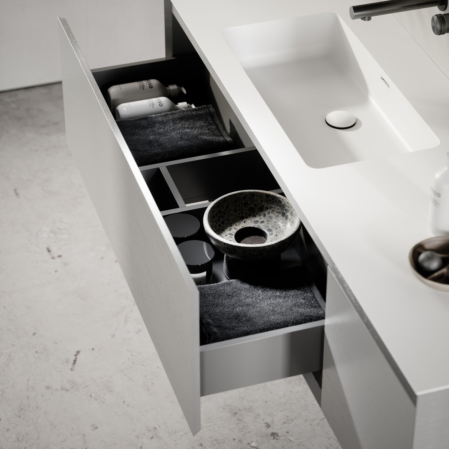 Cubik Pale Grey Wood Grain Vanity Unit 1500mm
