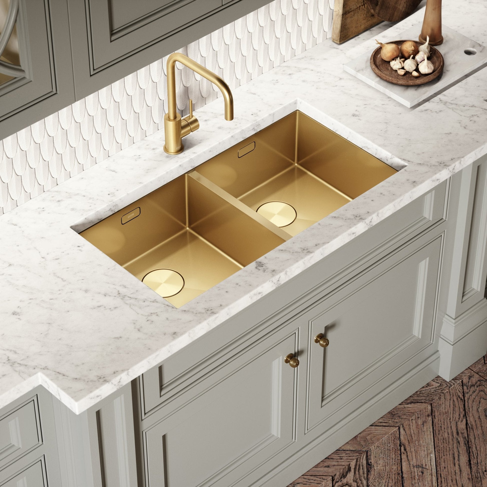 Cubo Brushed Gold Undermount Double Kitchen Sink
