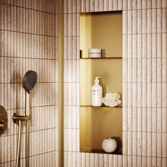 Cubox Frameless Brushed Gold Bathroom Shower Niche 300mm