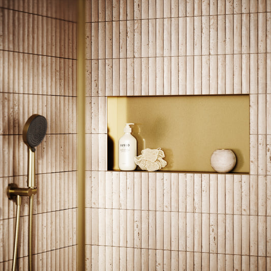 Cubox Frameless Brushed Gold Bathroom Shower Niche 600mm