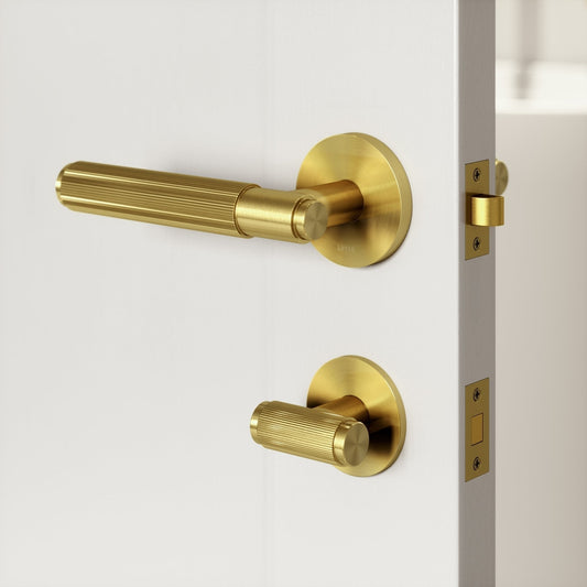 Dali Fluted Brushed Gold Bathroom WC Door Handle Latch and Hinge Bundle