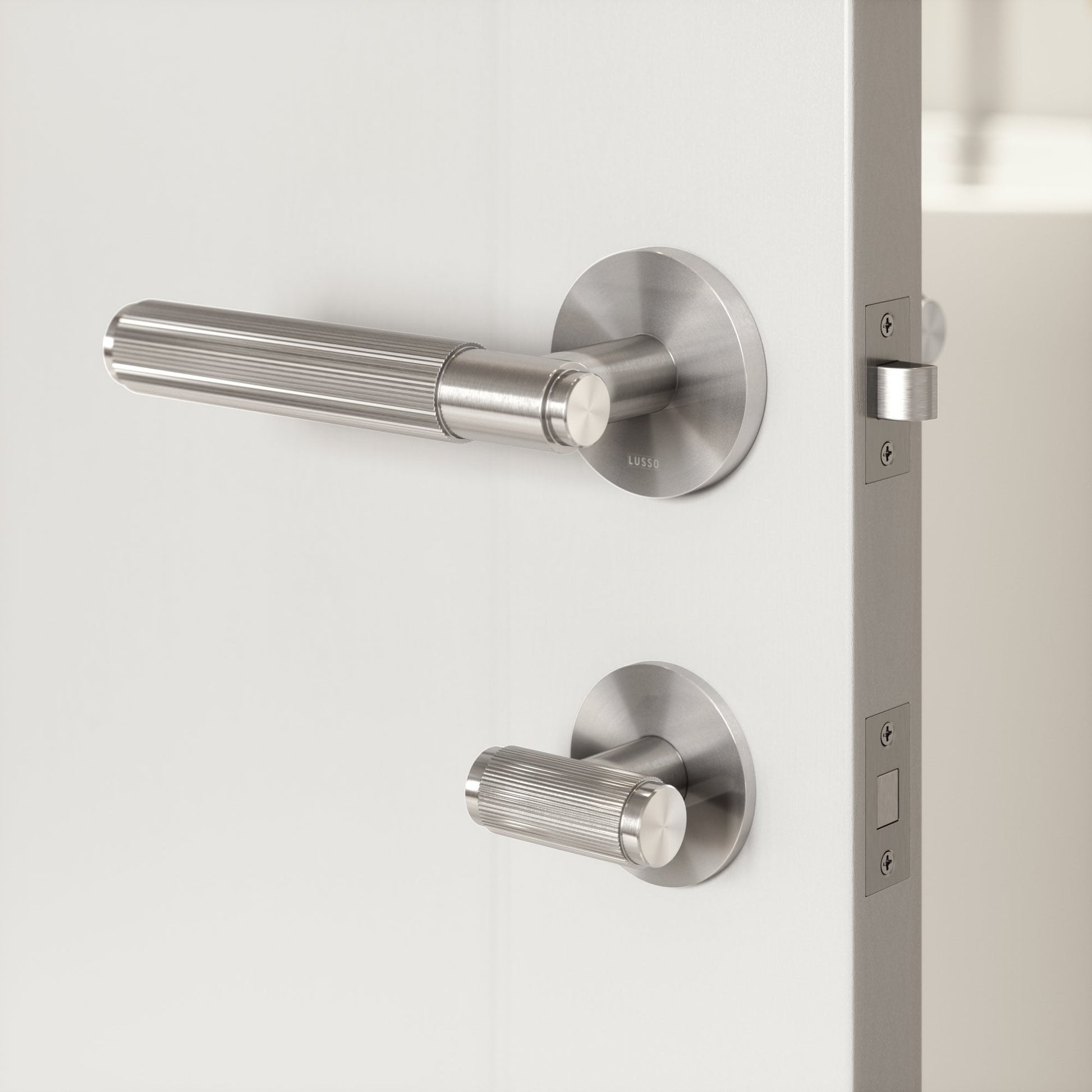 Dali Fluted Brushed Stainless Bathroom WC Door Handle Latch and Hinge Bundle