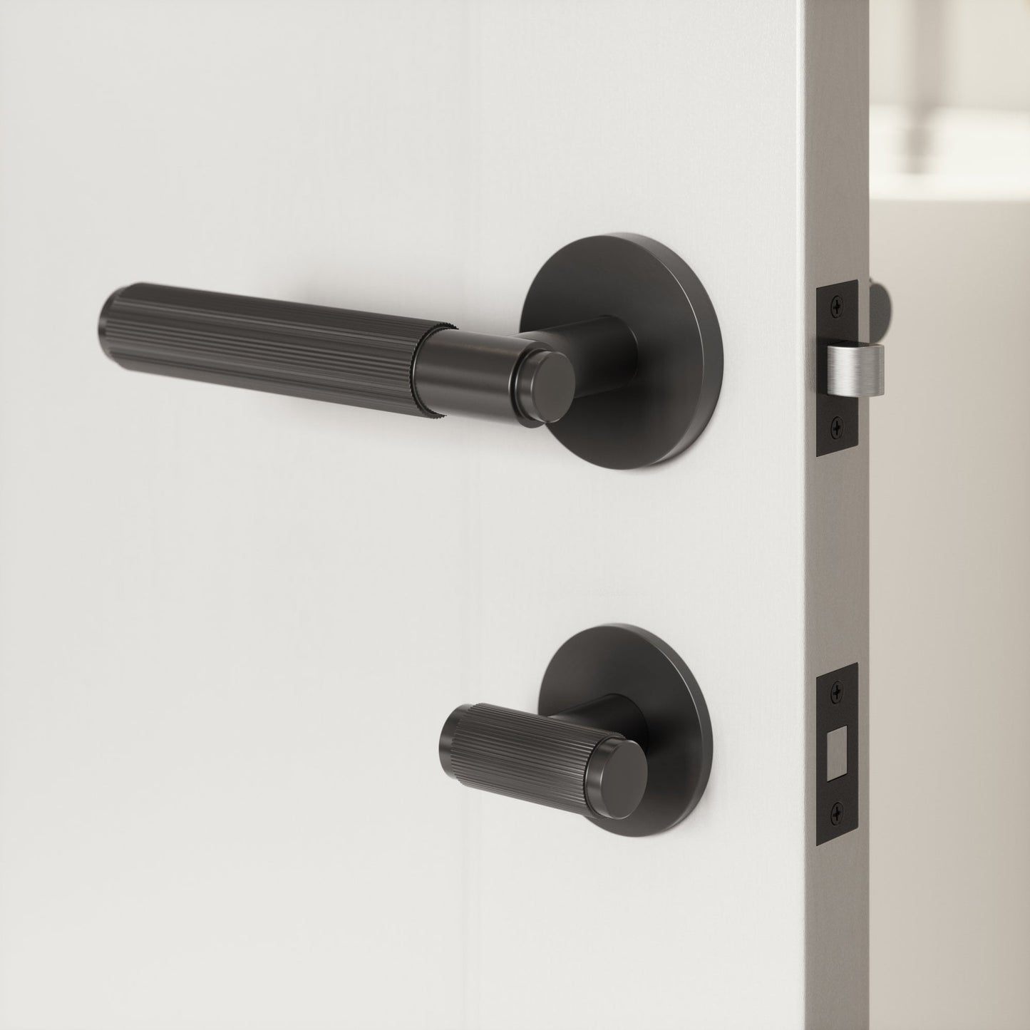 Dali Fluted Matte Black Bathroom WC Door Handle Latch and Hinge Bundle