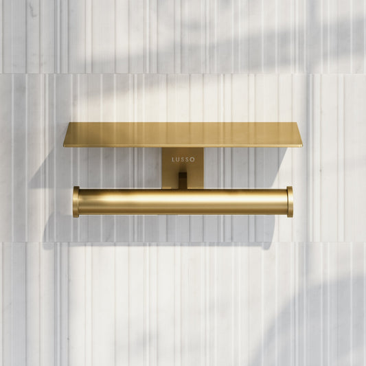 Deka Brushed Gold Double Toilet Roll Holder with Shelf