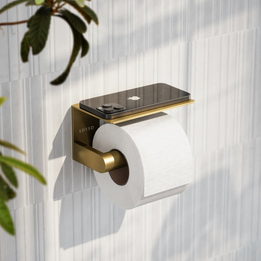 Deka Brushed Gold Toilet Roll Holder with Shelf