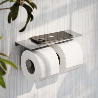 Deka Brushed Stainless Double Toilet Roll Holder with Shelf