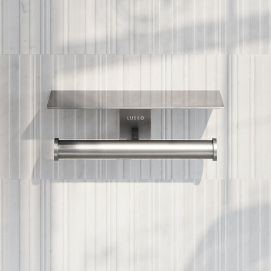 Deka Brushed Stainless Double Toilet Roll Holder with Shelf