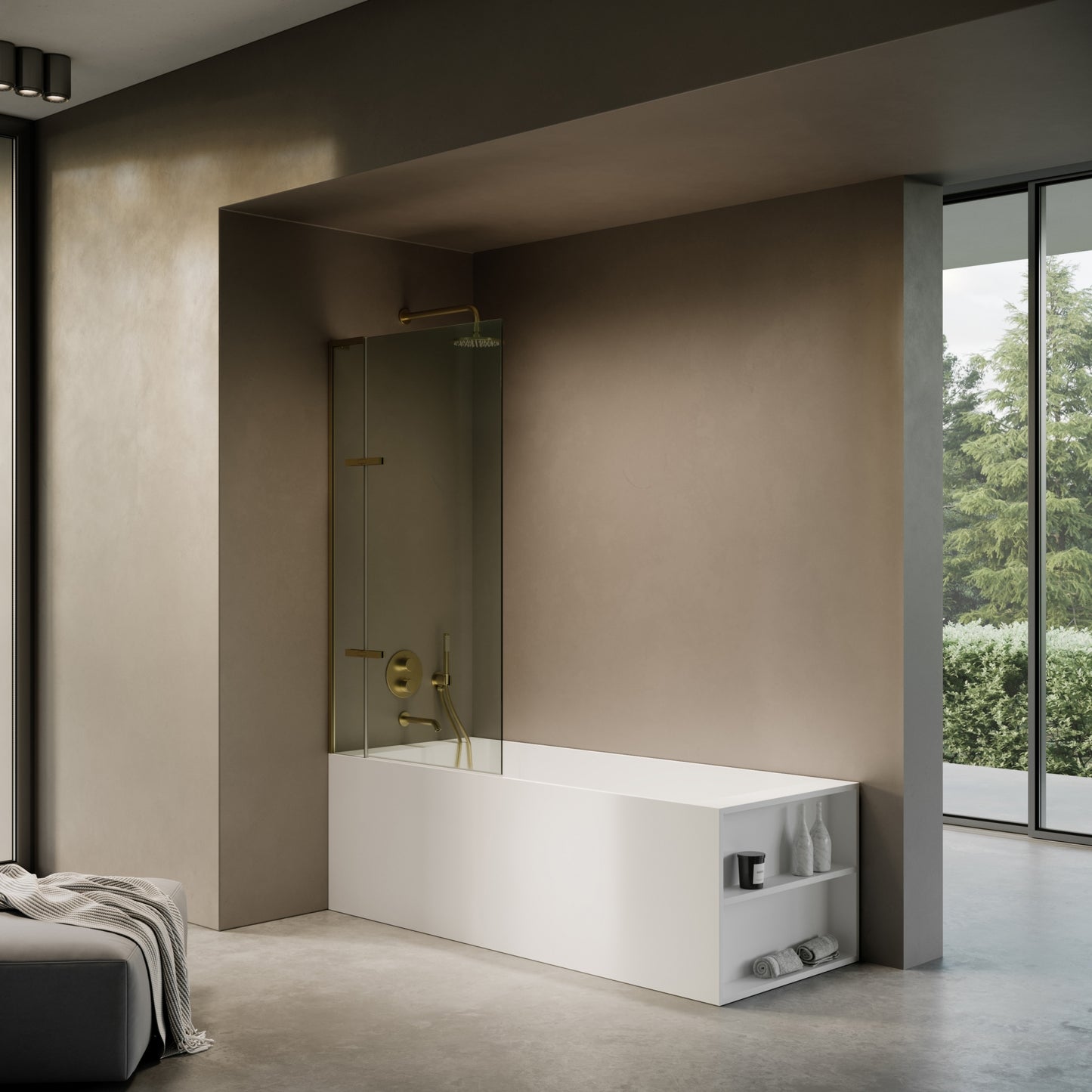 Doccia Brushed Gold Frameless Folding Bath Shower Screen 900mm