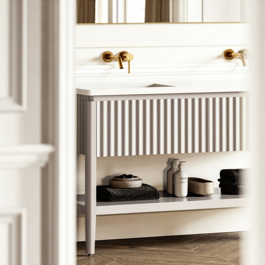 Eclat Velvet Beige Wood Grain Vanity Unit 1400mm