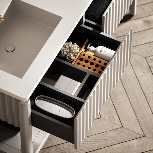 Eclat Velvet Beige Wood Grain Vanity Unit 1400mm