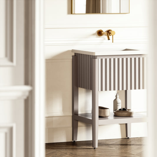 Eclat Velvet Beige Wood Grain Vanity Unit 600mm