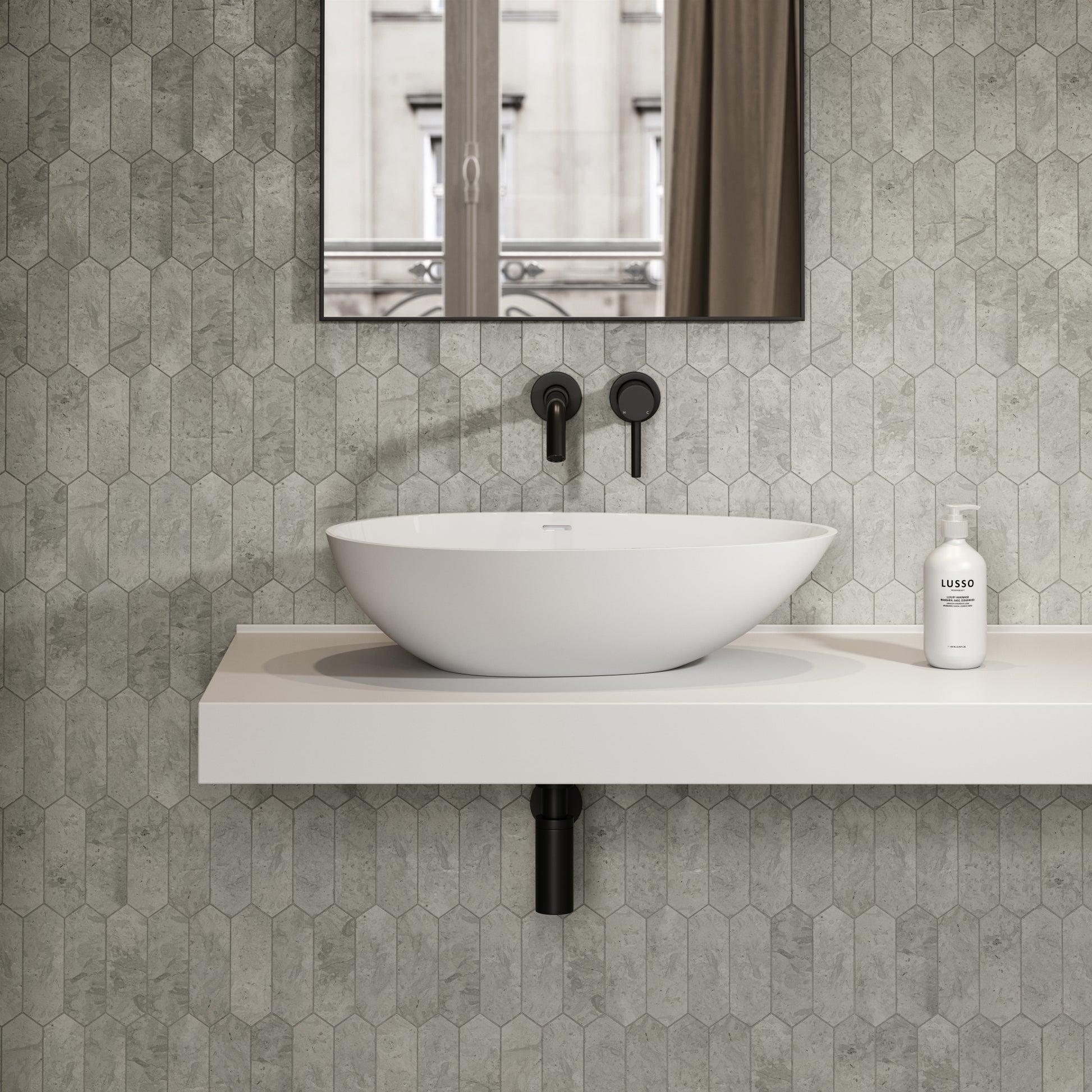 Egg Shell Stone Basin 600mm & Stone Wall Hung Countertop Basin Shelf Set
