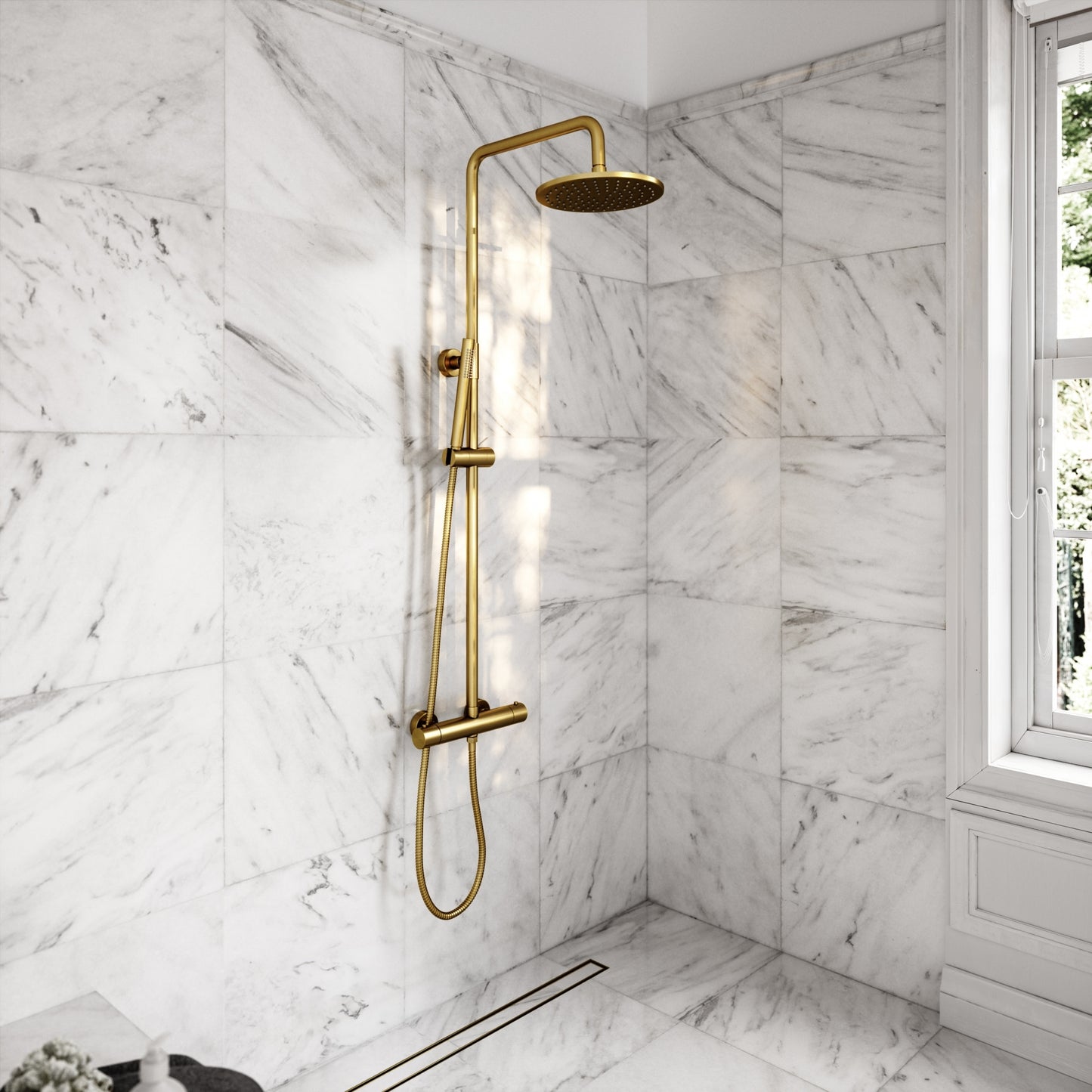 Elegance Brushed Gold Exposed Thermostatic Bar Shower with Riser