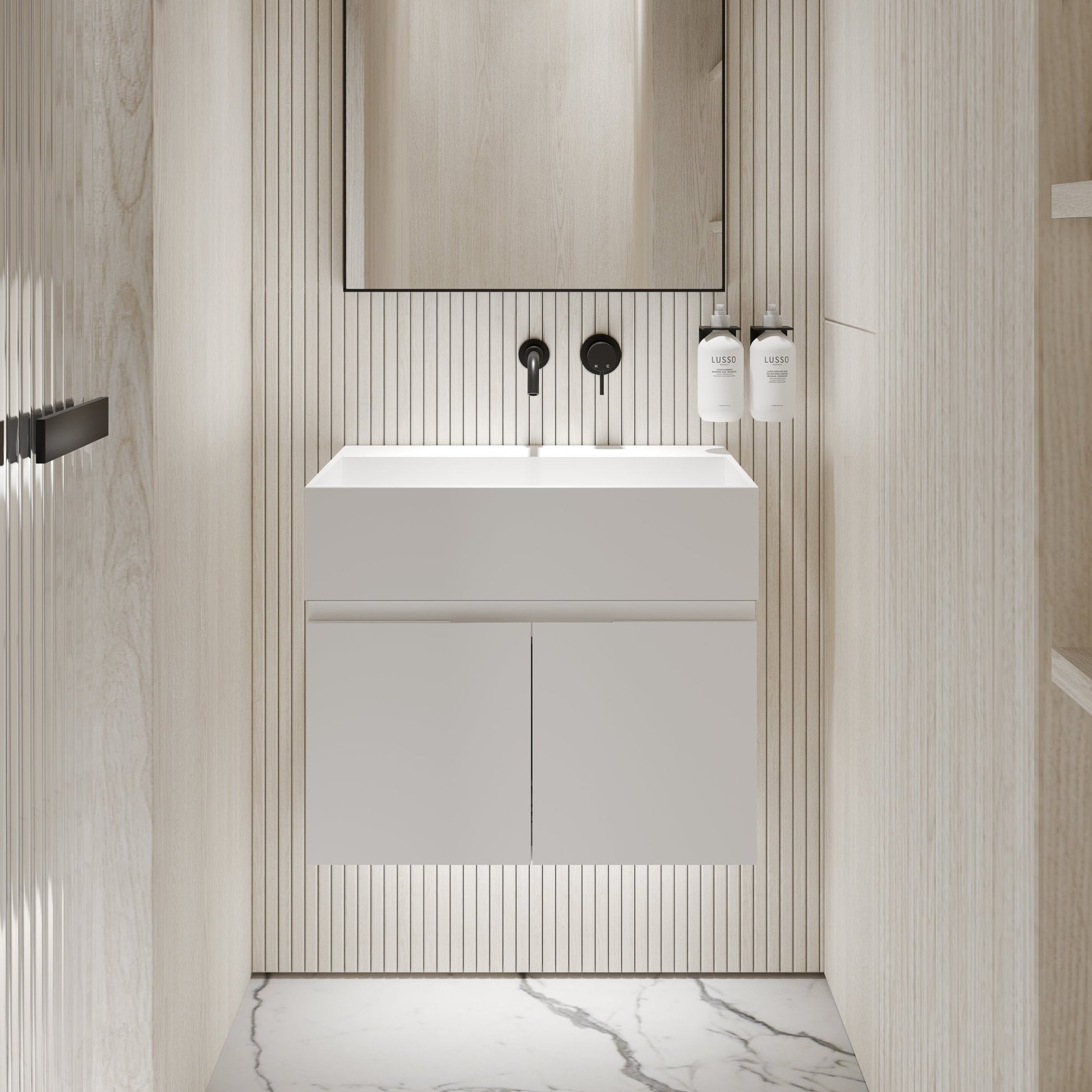 Ethos Matte White Vanity Unit with Stone Basin 600mm