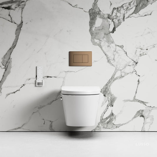 Intellismart Wall Hung Rimless Bidet Toilet with Concealed Cistern Frame and Rose Gold Flush Plate
