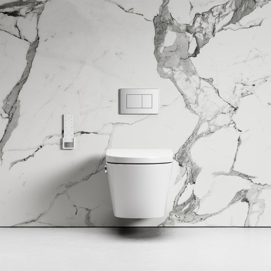 Intellismart Wall Hung Rimless Toilet Bidet Concealed Cistern Frame and Polished Nickel Flush Plate