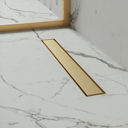 Linear Wet Room Walk in Shower Tray Kit + Tanking Kit + Brushed Gold Waste Kit