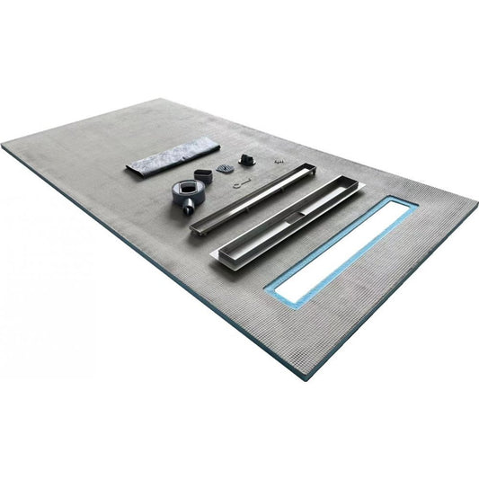 Linear Wet Room Walk in Shower Tray Kit + Tanking Kit + Brushed Stainless Waste Kit