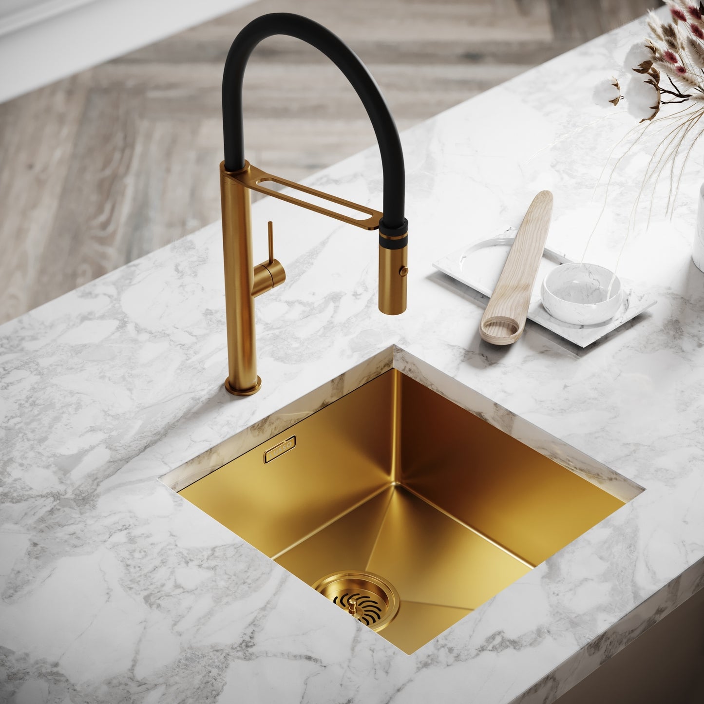 Livello Pull Out Kitchen Tap & Vello Undermount Sink In Brushed Gold