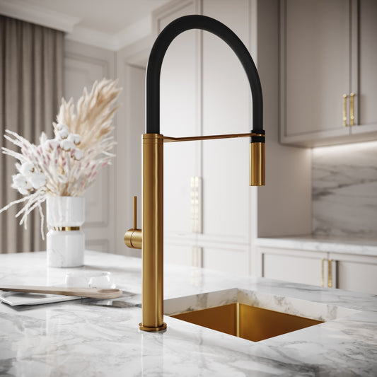 Livello Pull Out Kitchen Tap & Vello Undermount Sink In Brushed Gold