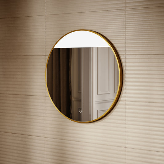 Luxe Brushed Gold Round Mirror with Light & Demister 800mm