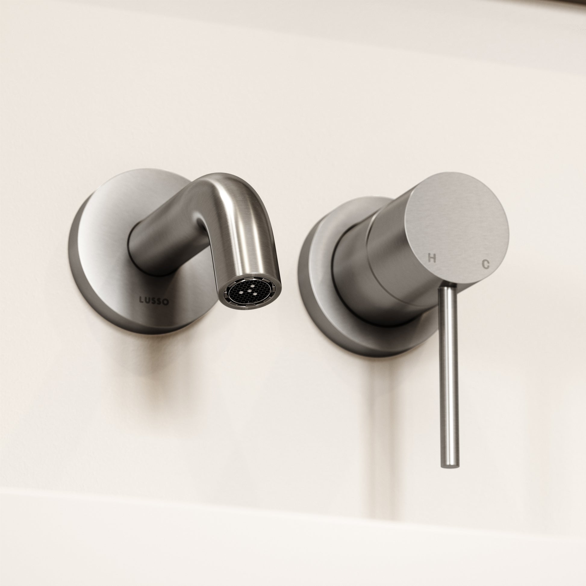 Luxe Brushed Stainless Short Projection Wall Mounted Basin Mixer Tap