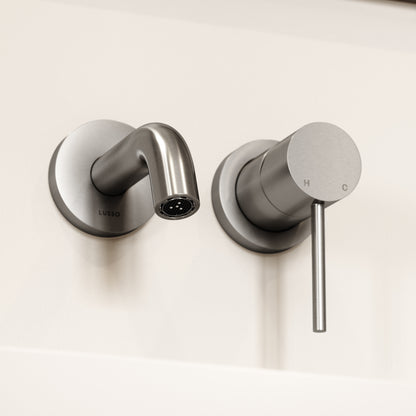 Luxe Brushed Stainless Short Projection Wall Mounted Basin Mixer Tap
