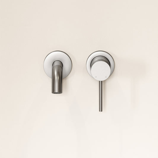 Luxe Brushed Stainless Short Projection Wall Mounted Basin Mixer Tap