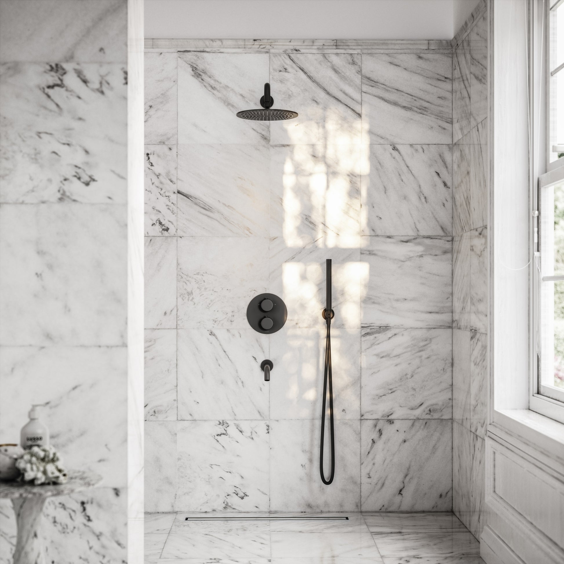 Luxe Matte Black 3 Way Thermostatic Shower with Handheld Shower & Bath Spout