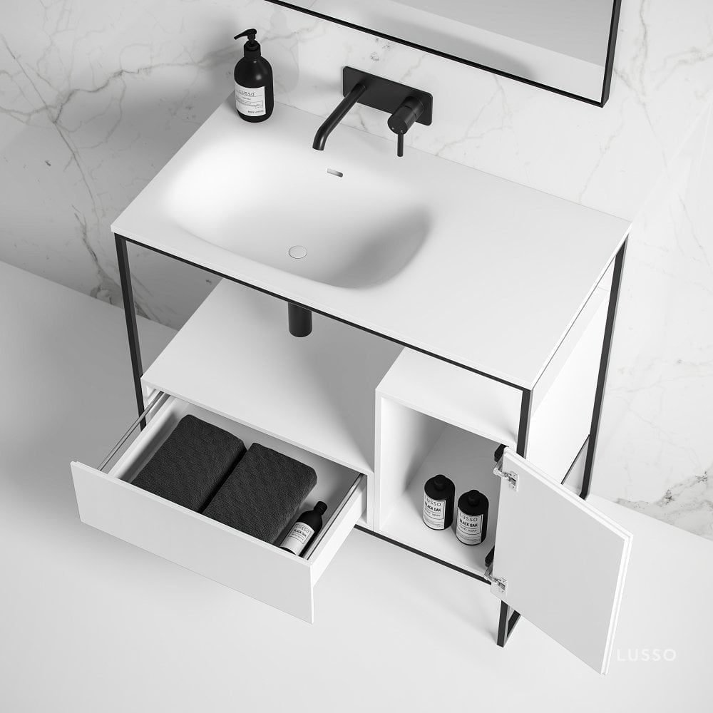 Luxe Matte Black Frame Vanity Unit with Stone Basin 900mm
