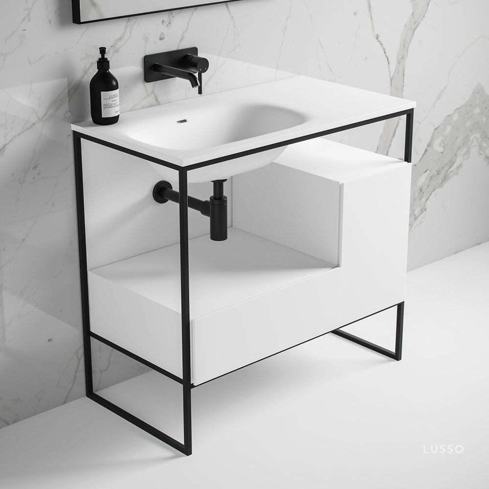 Luxe Matte Black Frame Vanity Unit with Stone Basin 900mm