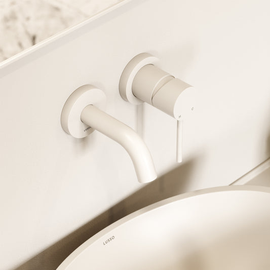 Luxe Matte White Short Projection Wall Mounted Basin Mixer Tap