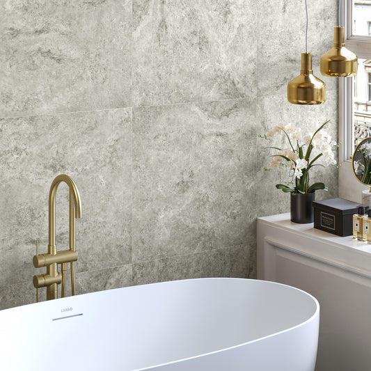 Manzoni Edge Grey Travertine Porcelain Wall or Floor Tile 600 x 600mm