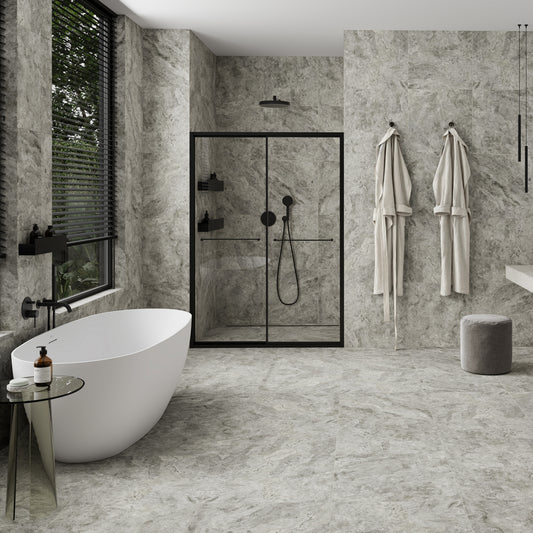 Manzoni Edge Grey Travertine Porcelain Wall or Floor Tile 600 x 600mm