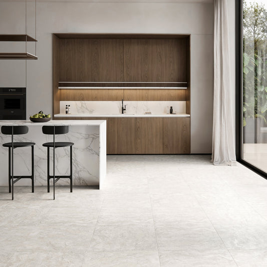 Manzoni White Travertine Porcelain Wall or Floor Tile 600 x 600mm