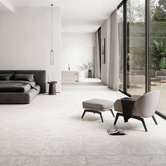 Manzoni White Travertine Porcelain Wall or Floor Tile 600 x 600mm