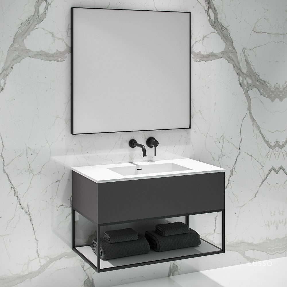 Modus Matte Anthracite Vanity Unit with Black Frame and Stone Basin 900mm