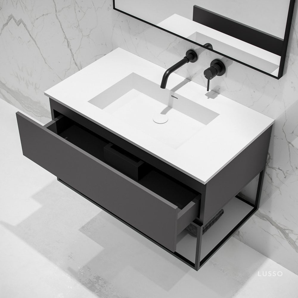 Modus Matte Anthracite Vanity Unit with Black Frame and Stone Basin 900mm