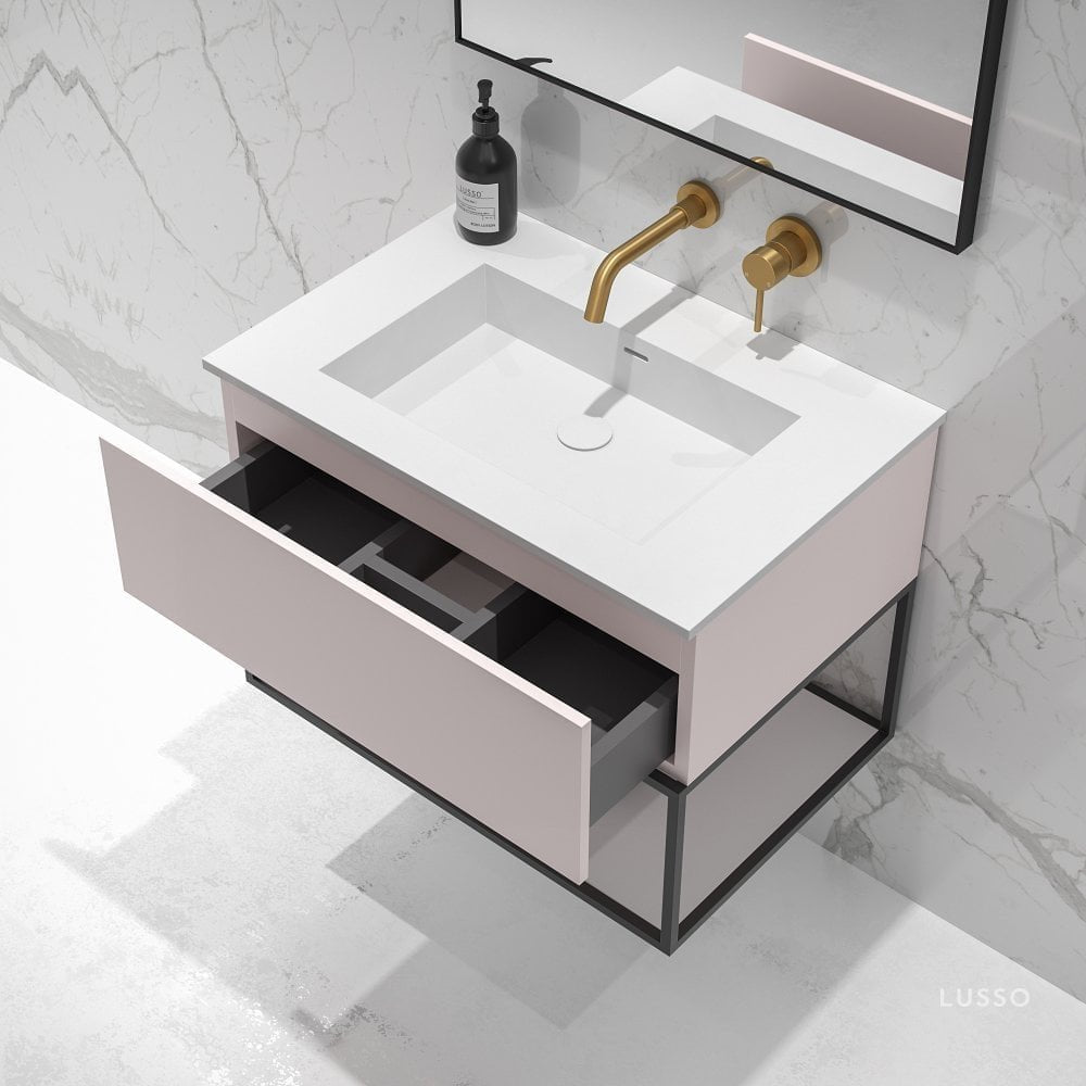 Modus Powder Pink Vanity Unit with Black Frame and Stone Basin 750mm
