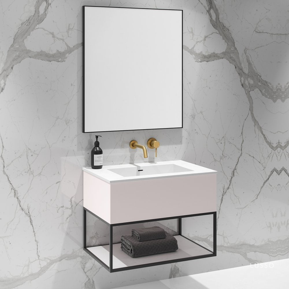 Modus Powder Pink Vanity Unit with Black Frame and Stone Basin 750mm