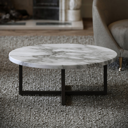 Nazzano Arabescato Marble Round Coffee Table with Black Legs