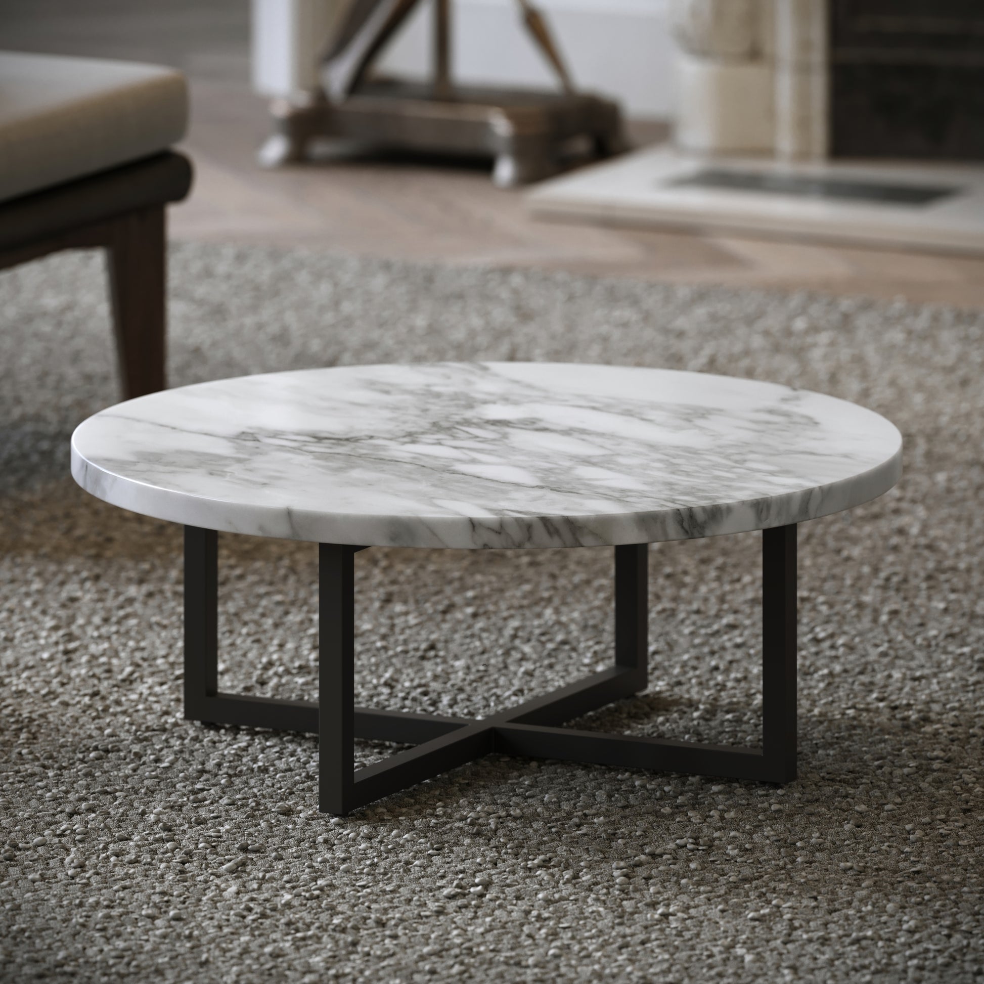 Nazzano Arabescato Marble Round Coffee Table with Black Legs