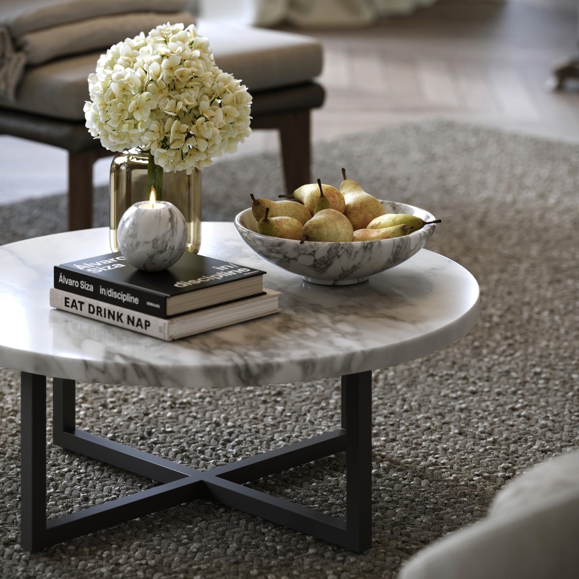 Nazzano Arabescato Marble Round Coffee Table with Black Legs